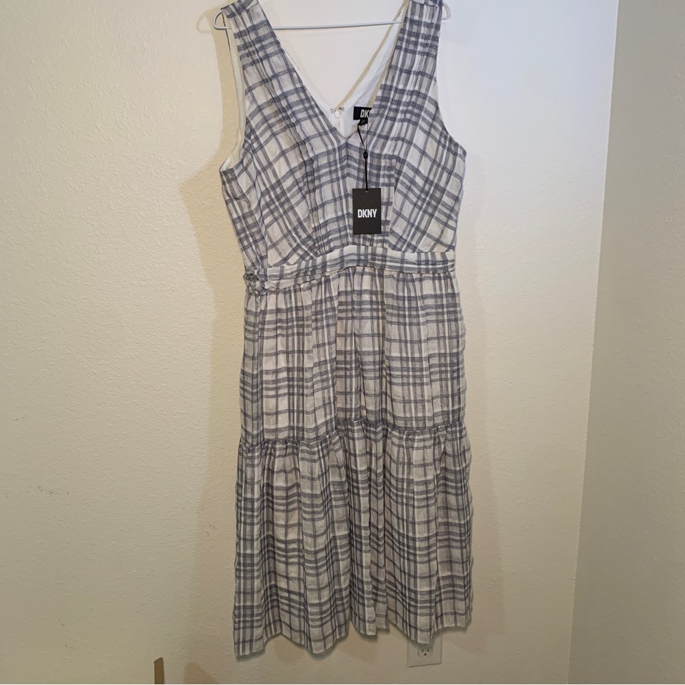 NWT Cottagecore DKNY Size 14 Plaid Knee Length Tank V-neck Dress Boho Chic
